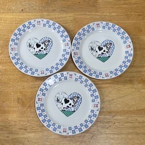 Vtg Tabletops‎ Unlimited Cow Heart Checkered Salad Plates Set of 3 Farmhouse 8"